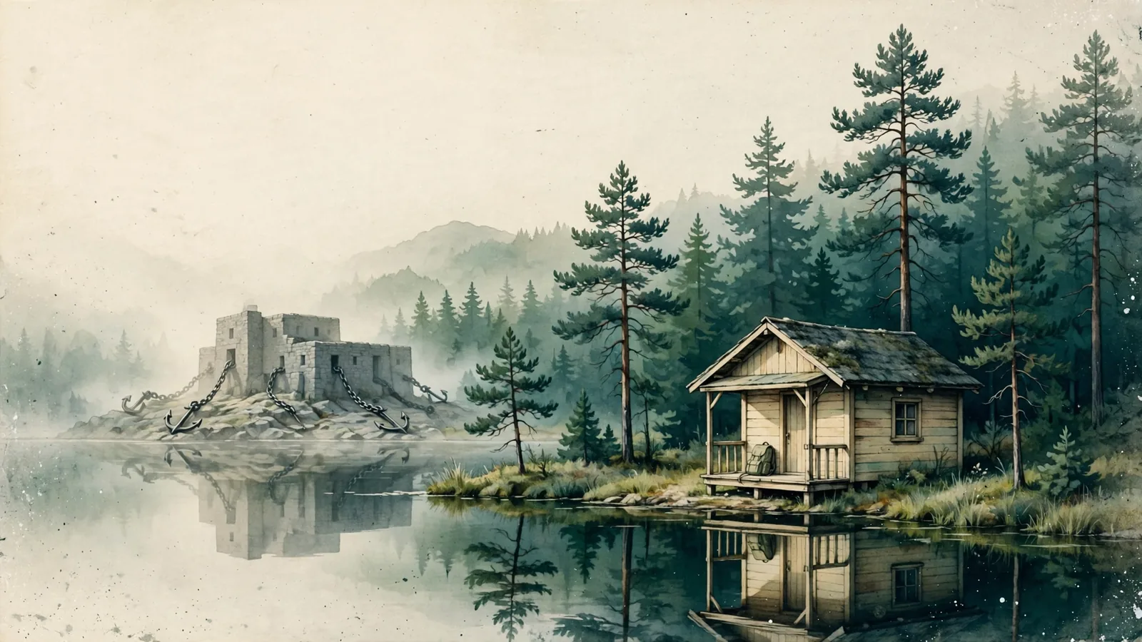 湖畔松林裡的簡樸木屋,遠方霧中是一座被鎖鏈固定在地上的沉重石屋