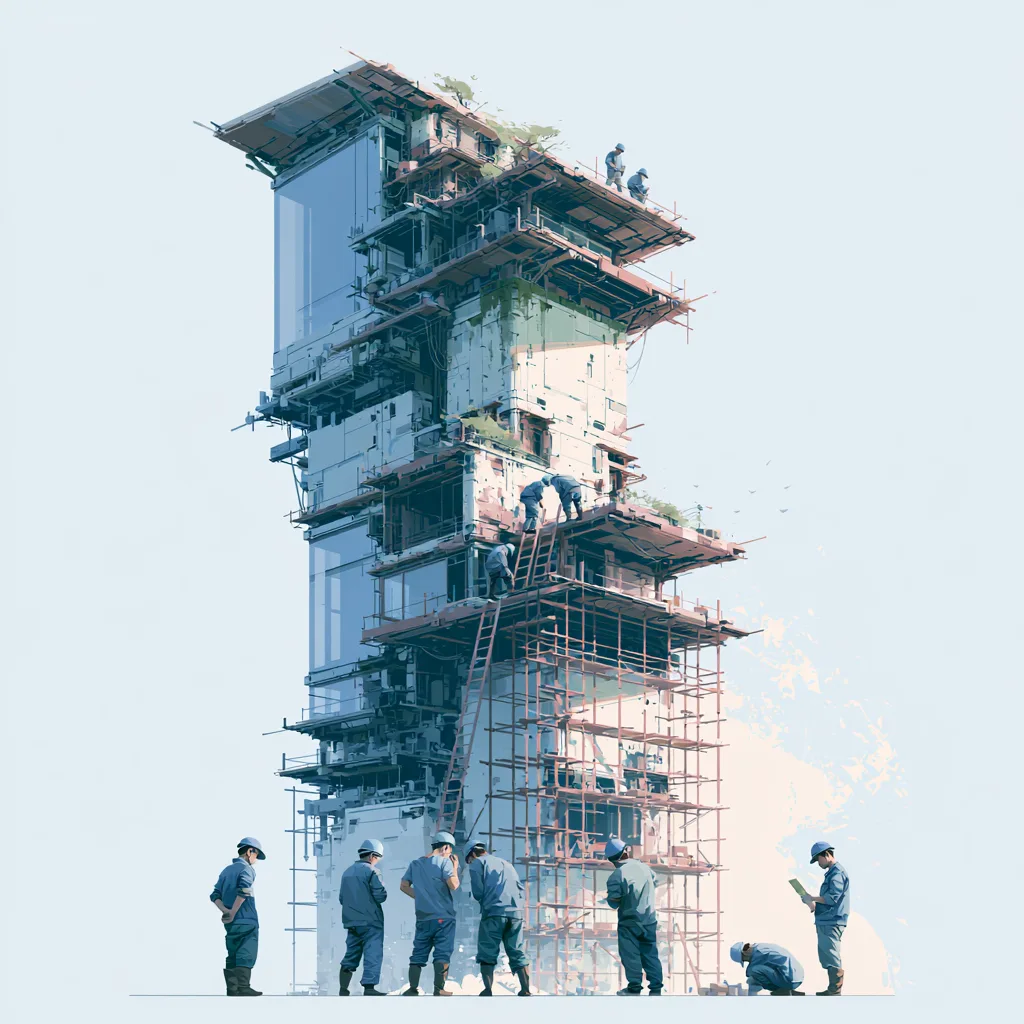工作者蹲在街邊以筆電作業，身後機櫃標示 BUILD，象徵動手把網站建置上線